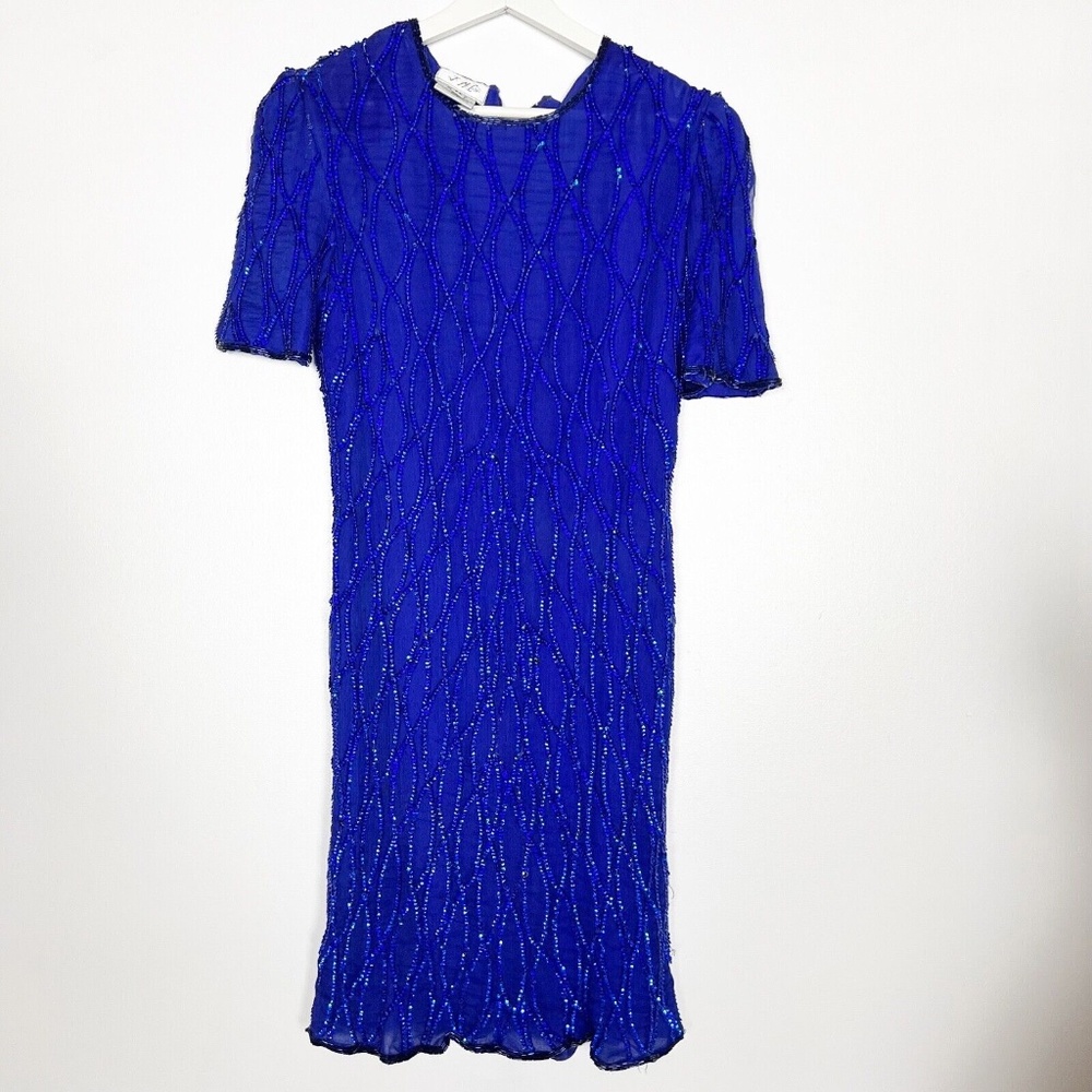 JMC DRESS Size PL Petite Large Blue Sequins Swirls Silk Mini Shrink Vintage